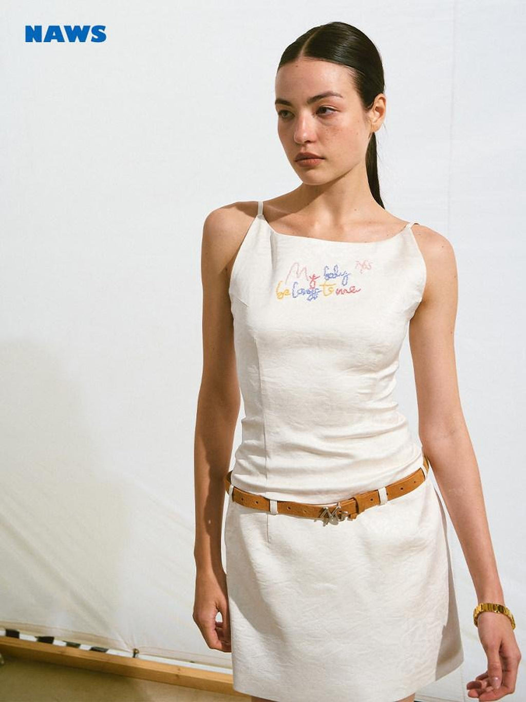 NAWSNOTAWEAR Pearl White Minimalist Slim Layered Spaghetti Strap Women Polyester Mini Dresses