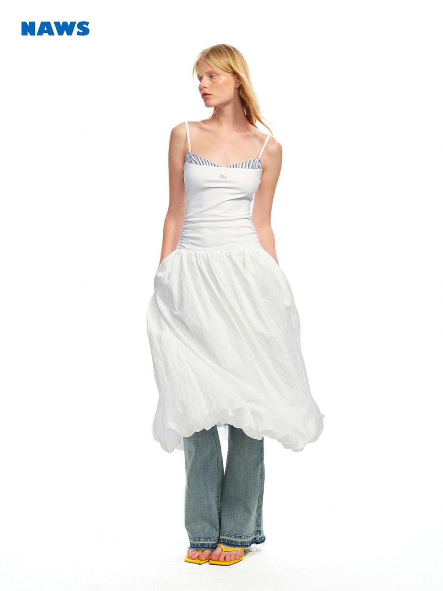 NAWSNOTAWEAR Pleated Strapless Ruffle Hem Resort Asymmetric Women Maxi Dresses