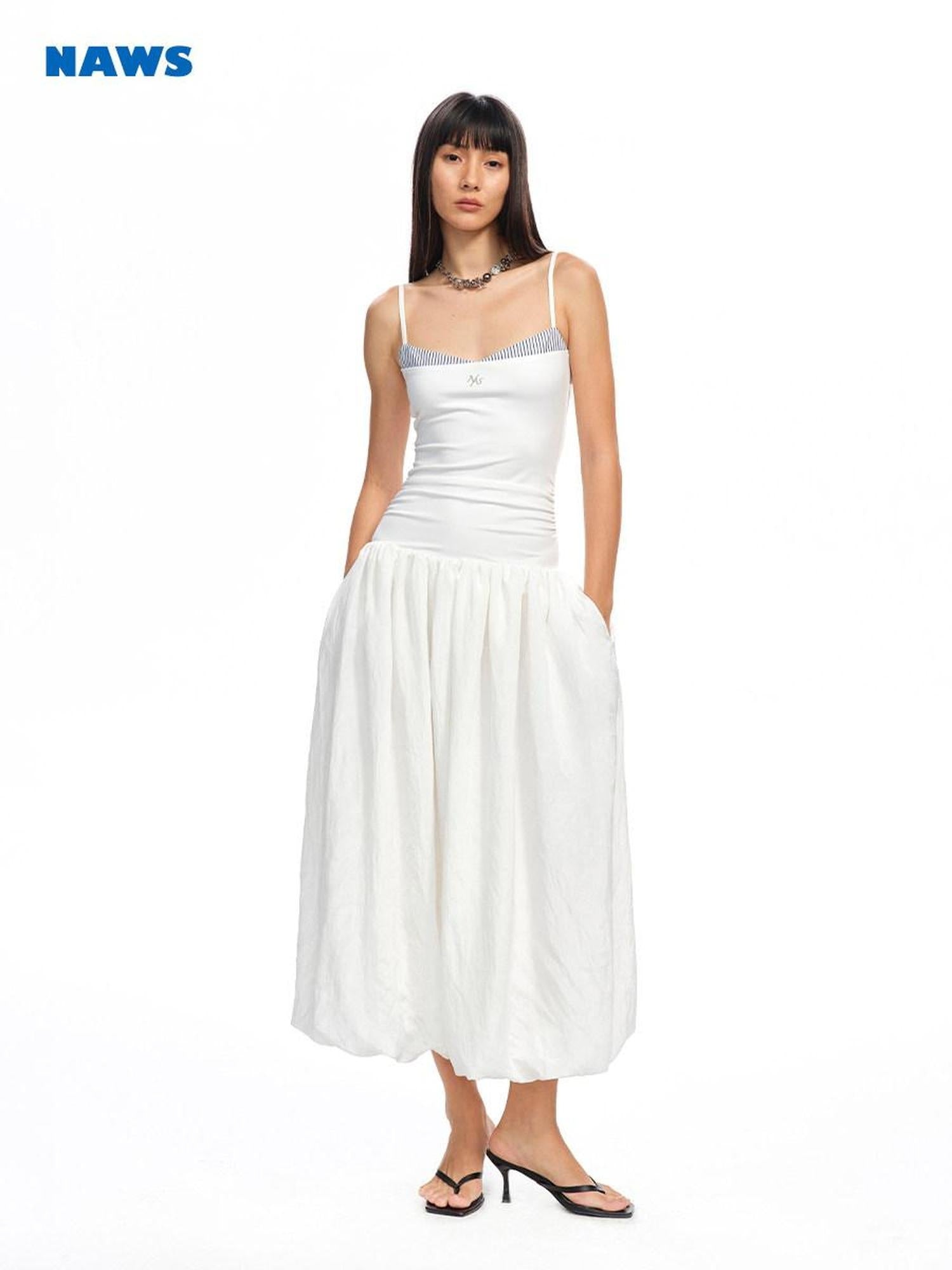 NAWSNOTAWEAR Pleated Strapless Ruffle Hem Resort Asymmetric Women Maxi Dresses