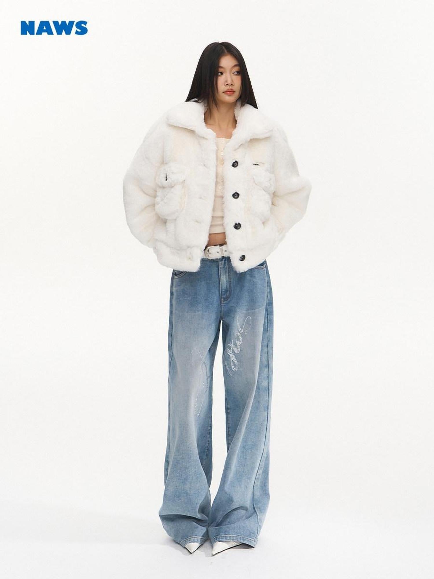 NAWSNOTAWEAR Plush Faux Fur Thick Pocket Loose Polo Collar Office Women Snow White Short Coat