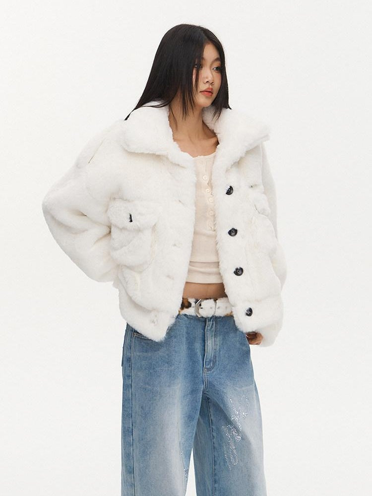 NAWSNOTAWEAR Plush Faux Fur Thick Pocket Loose Polo Collar Office Women Snow White Short Coat