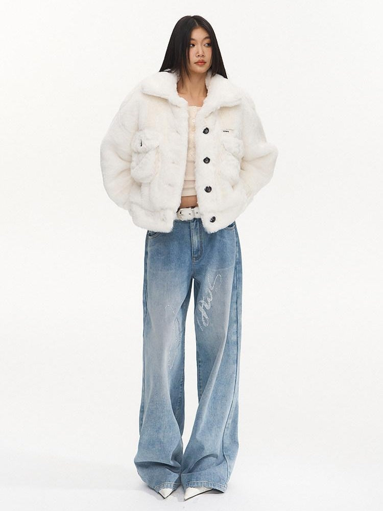 NAWSNOTAWEAR Plush Faux Fur Thick Pocket Loose Polo Collar Office Women Snow White Short Coat