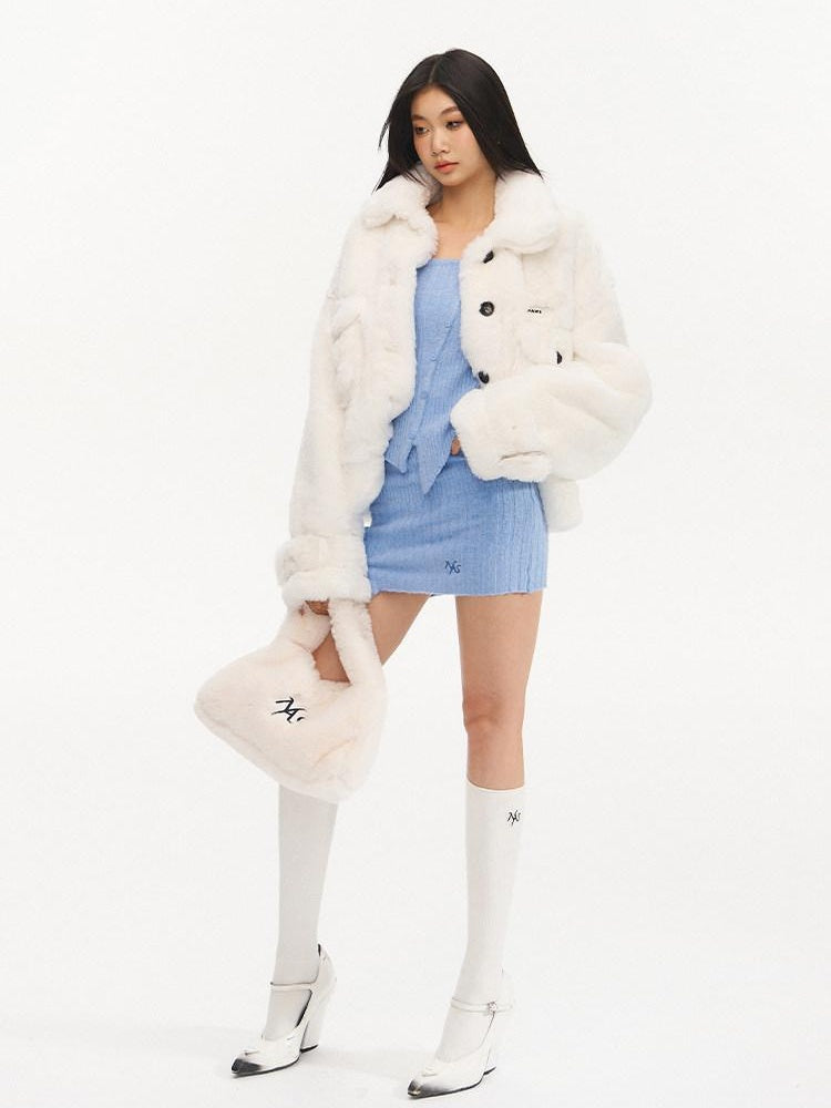 NAWSNOTAWEAR Plush Faux Fur Thick Pocket Loose Polo Collar Office Women Snow White Short Coat