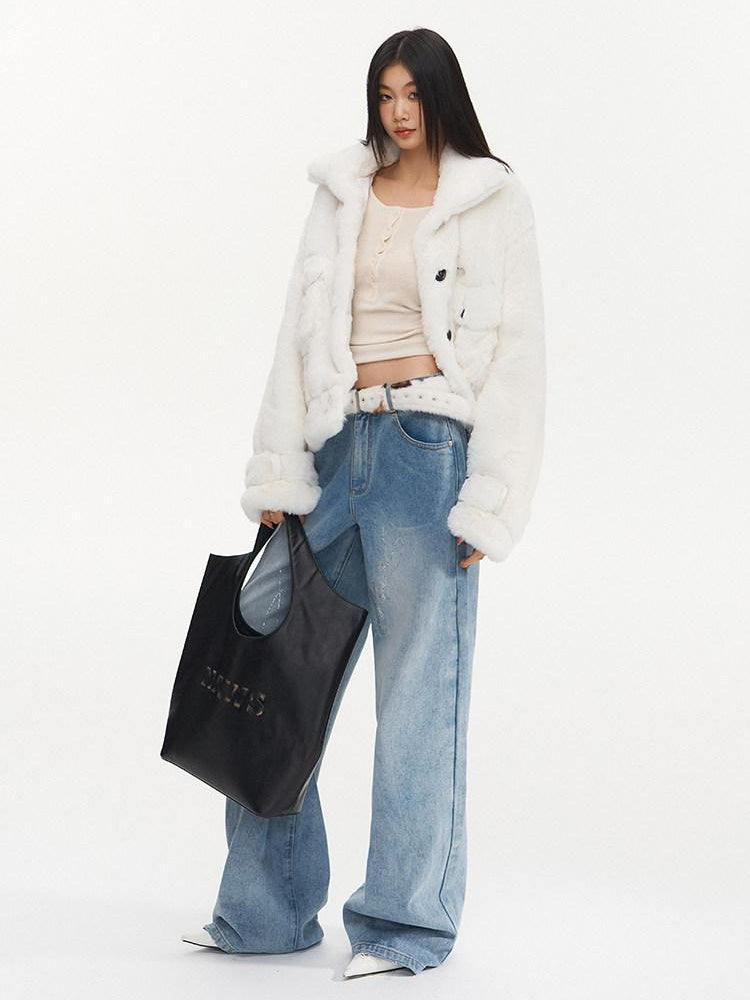NAWSNOTAWEAR Plush Faux Fur Thick Pocket Loose Polo Collar Office Women Snow White Short Coat