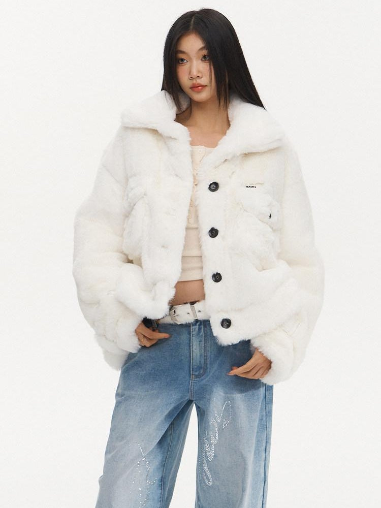 NAWSNOTAWEAR Plush Faux Fur Thick Pocket Loose Polo Collar Office Women Snow White Short Coat
