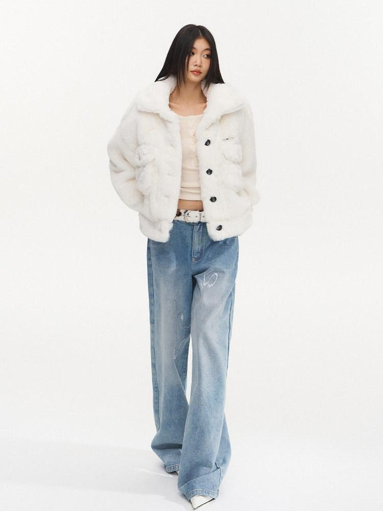 NAWSNOTAWEAR Plush Faux Fur Thick Pocket Loose Polo Collar Office Women Snow White Short Coat