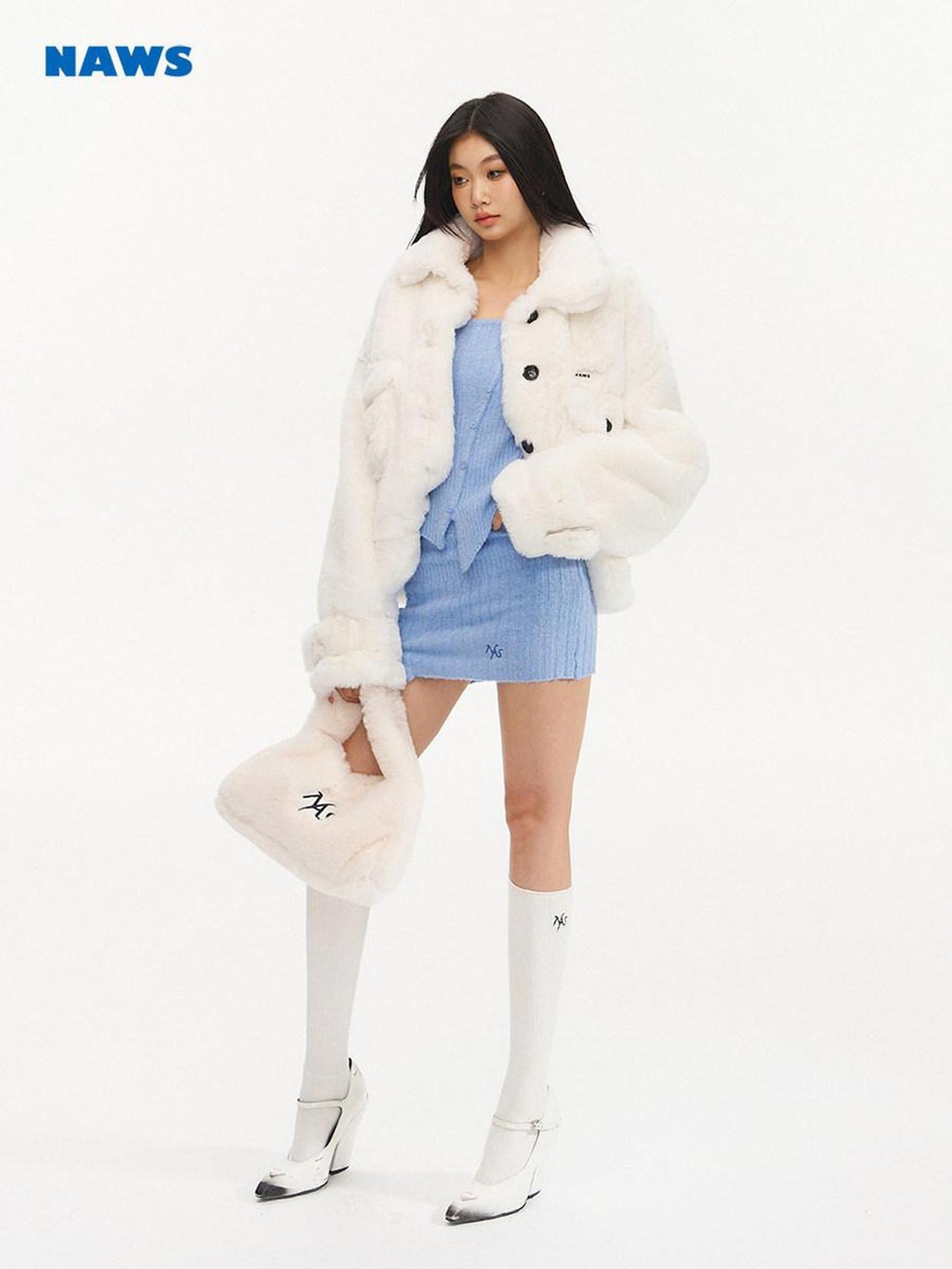 NAWSNOTAWEAR Plush Faux Fur Thick Pocket Loose Polo Collar Office Women Snow White Short Coat