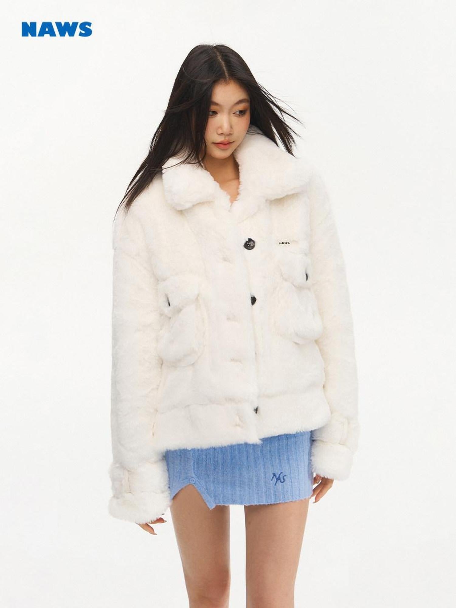 NAWSNOTAWEAR Plush Faux Fur Thick Pocket Loose Polo Collar Office Women Snow White Short Coat
