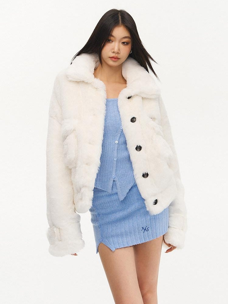 NAWSNOTAWEAR Plush Faux Fur Thick Pocket Loose Polo Collar Office Women Snow White Short Coat
