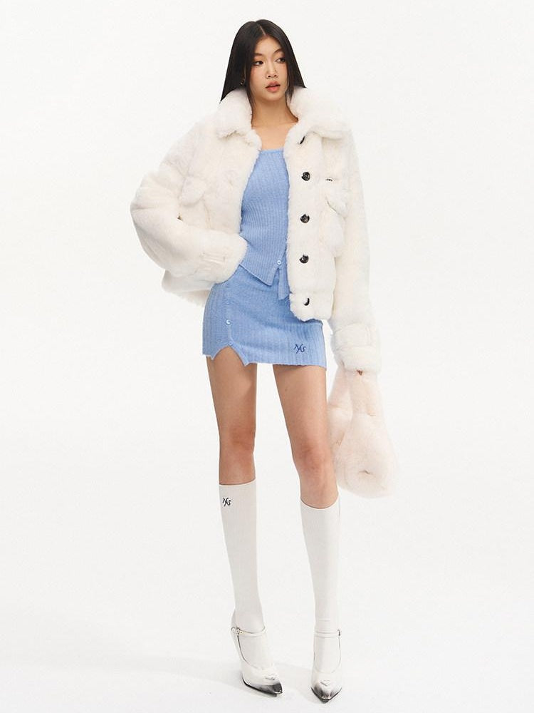 NAWSNOTAWEAR Plush Faux Fur Thick Pocket Loose Polo Collar Office Women Snow White Short Coat