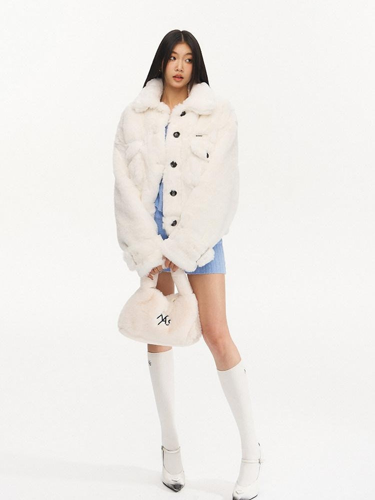 NAWSNOTAWEAR Plush Faux Fur Thick Pocket Loose Polo Collar Office Women Snow White Short Coat