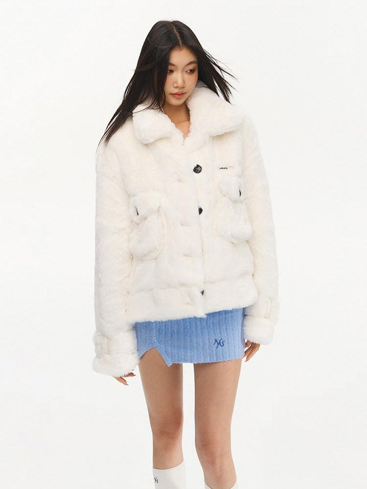 NAWSNOTAWEAR Plush Faux Fur Thick Pocket Loose Polo Collar Office Women Snow White Short Coat