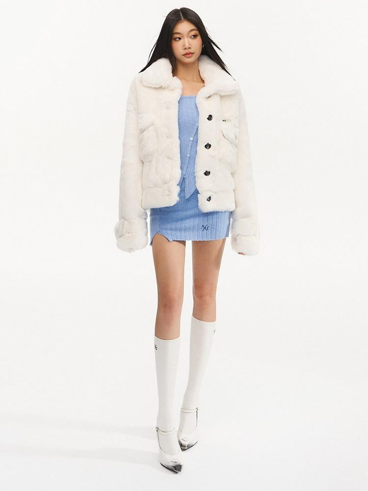 NAWSNOTAWEAR Plush Faux Fur Thick Pocket Loose Polo Collar Office Women Snow White Short Coat