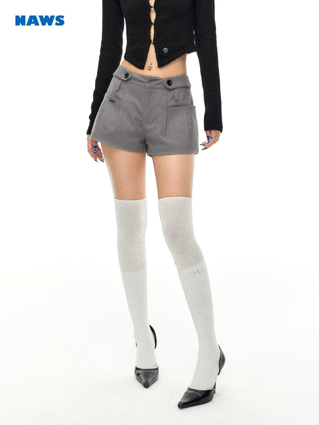 NAWSNOTAWEAR Pocketed Button Low Rise Office Poly Cotton Stretch Gray Mini Shorts