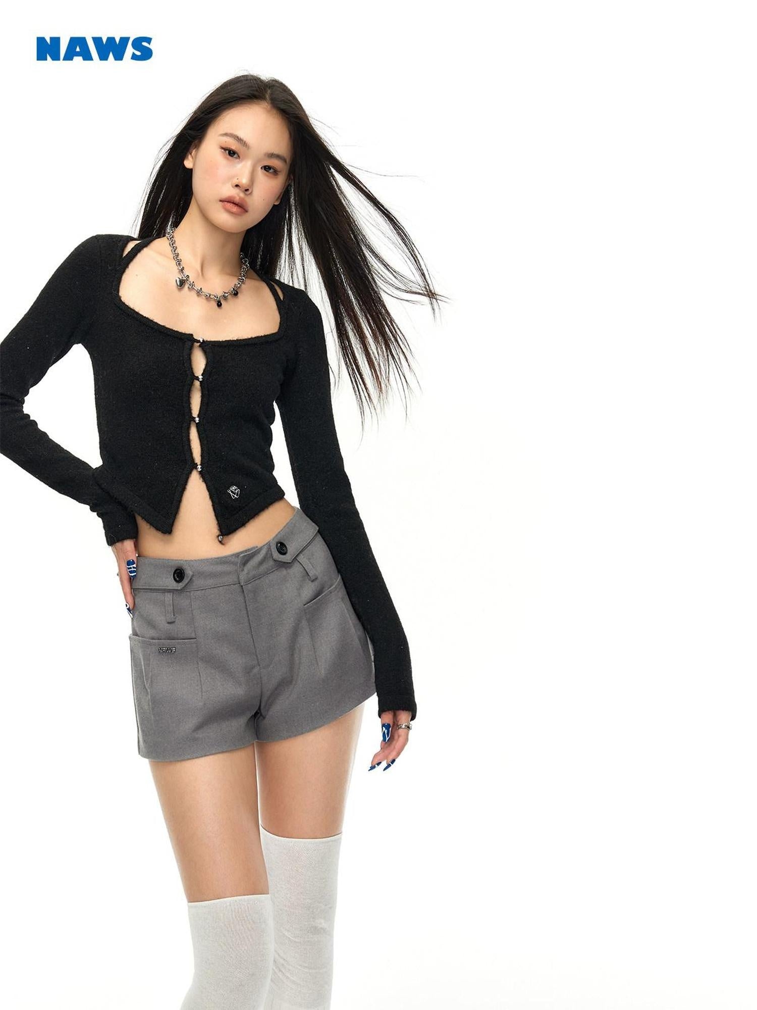 NAWSNOTAWEAR Pocketed Button Low Rise Office Poly Cotton Stretch Gray Mini Shorts