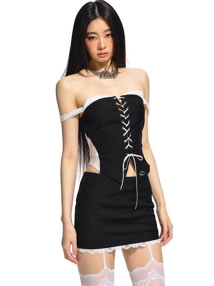 NAWSNOTAWEAR Polyester Black Two Piece Chic Crop Top Pencil Skirt Women Top & Skirt Sets