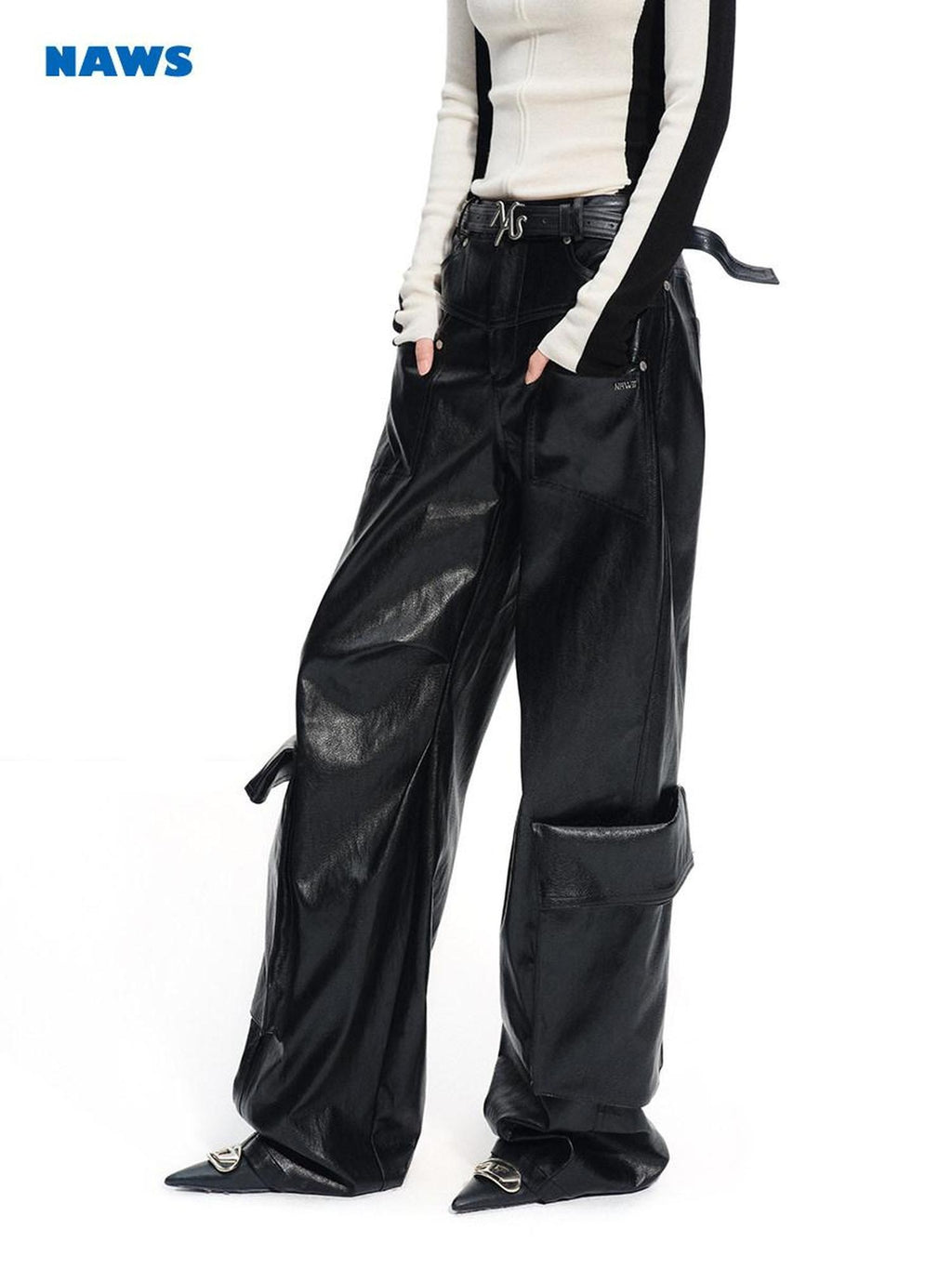 NAWSNOTAWEAR Pu Faux Leather Punk Natural Waist Straight Hem Women Black Wide Leg Pants