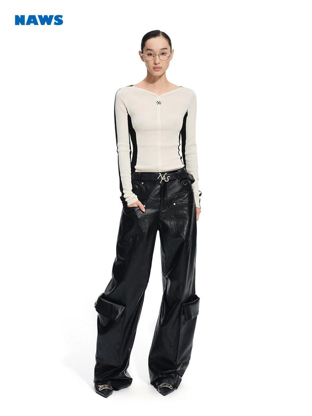 NAWSNOTAWEAR Pu Faux Leather Punk Natural Waist Straight Hem Women Black Wide Leg Pants