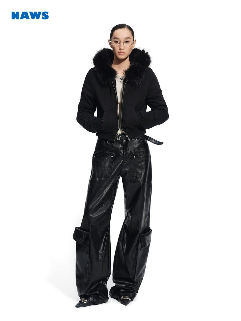 NAWSNOTAWEAR Pu Faux Leather Punk Natural Waist Straight Hem Women Black Wide Leg Pants