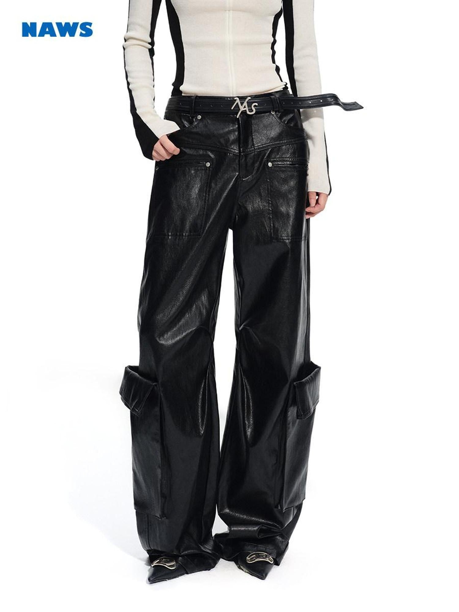 NAWSNOTAWEAR Pu Faux Leather Punk Natural Waist Straight Hem Women Black Wide Leg Pants