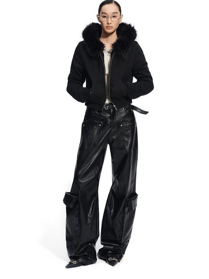 NAWSNOTAWEAR Pu Faux Leather Punk Natural Waist Straight Hem Women Black Wide Leg Pants