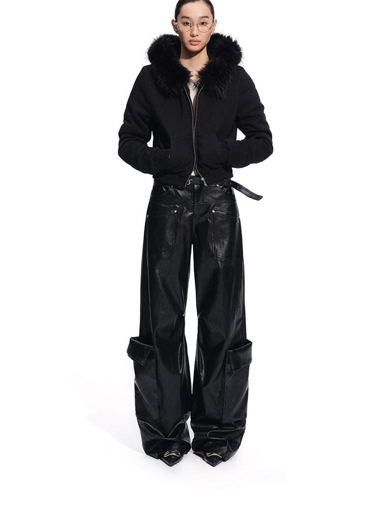 NAWSNOTAWEAR Pu Faux Leather Punk Natural Waist Straight Hem Women Black Wide Leg Pants