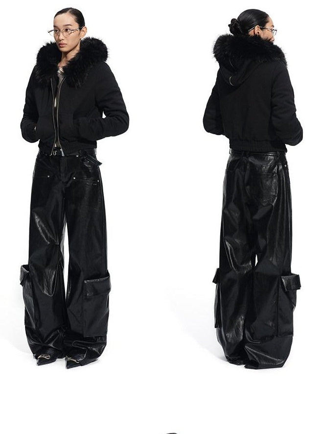 NAWSNOTAWEAR Pu Faux Leather Punk Natural Waist Straight Hem Women Black Wide Leg Pants