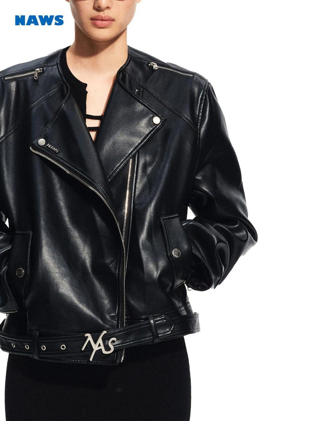 NAWSNOTAWEAR Pu Leather Pocket Zipper Commuter Straight Fit Youth Black Leather Jackets