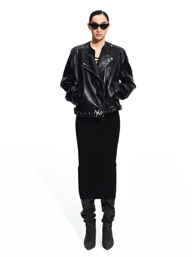 NAWSNOTAWEAR Pu Leather Pocket Zipper Commuter Straight Fit Youth Black Leather Jackets