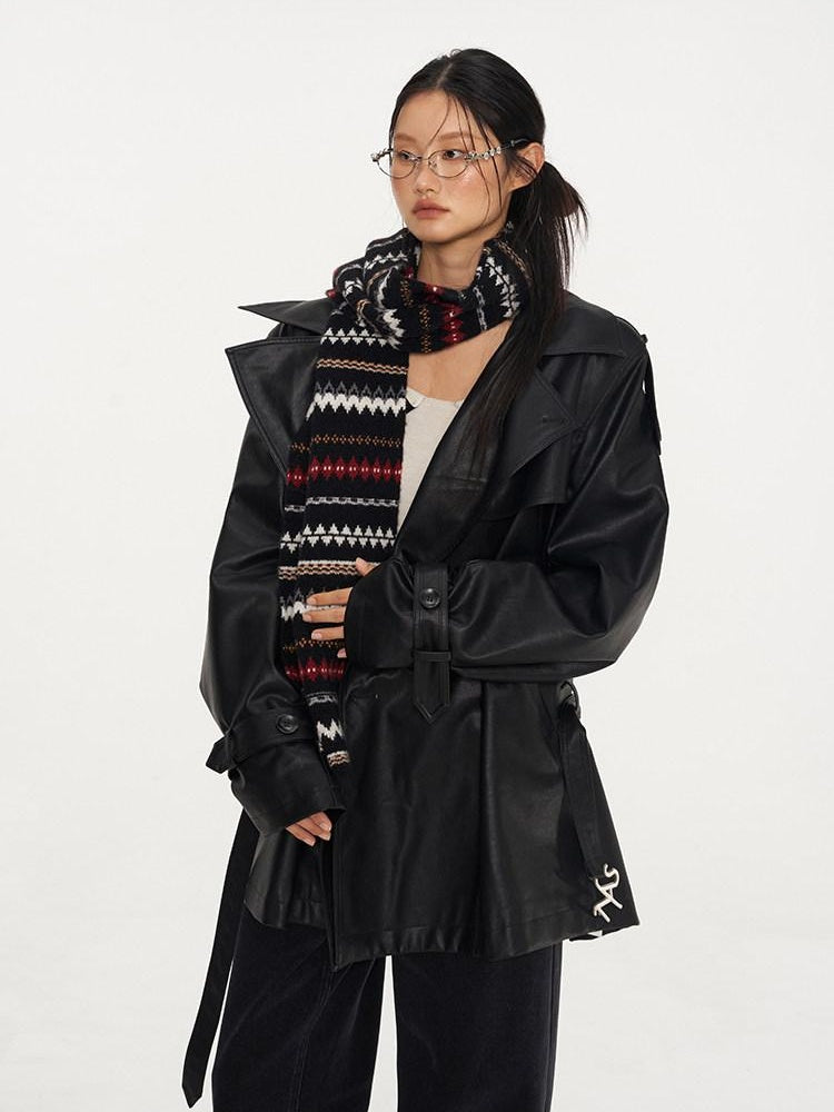 NAWSNOTAWEAR Pu Long Sleeve Double Breasted Mid Length Loose Commuting Trench Coats