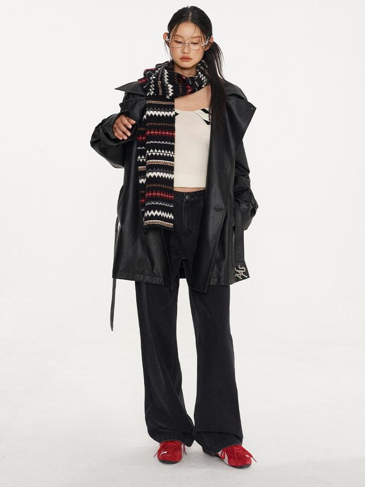 NAWSNOTAWEAR Pu Long Sleeve Double Breasted Mid Length Loose Commuting Trench Coats
