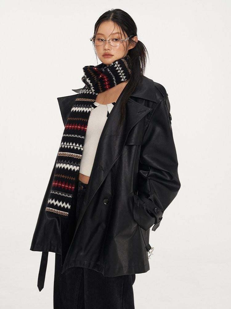 NAWSNOTAWEAR Pu Long Sleeve Double Breasted Mid Length Loose Commuting Trench Coats