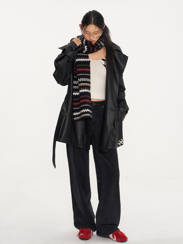 NAWSNOTAWEAR Pu Long Sleeve Double Breasted Mid Length Loose Commuting Trench Coats