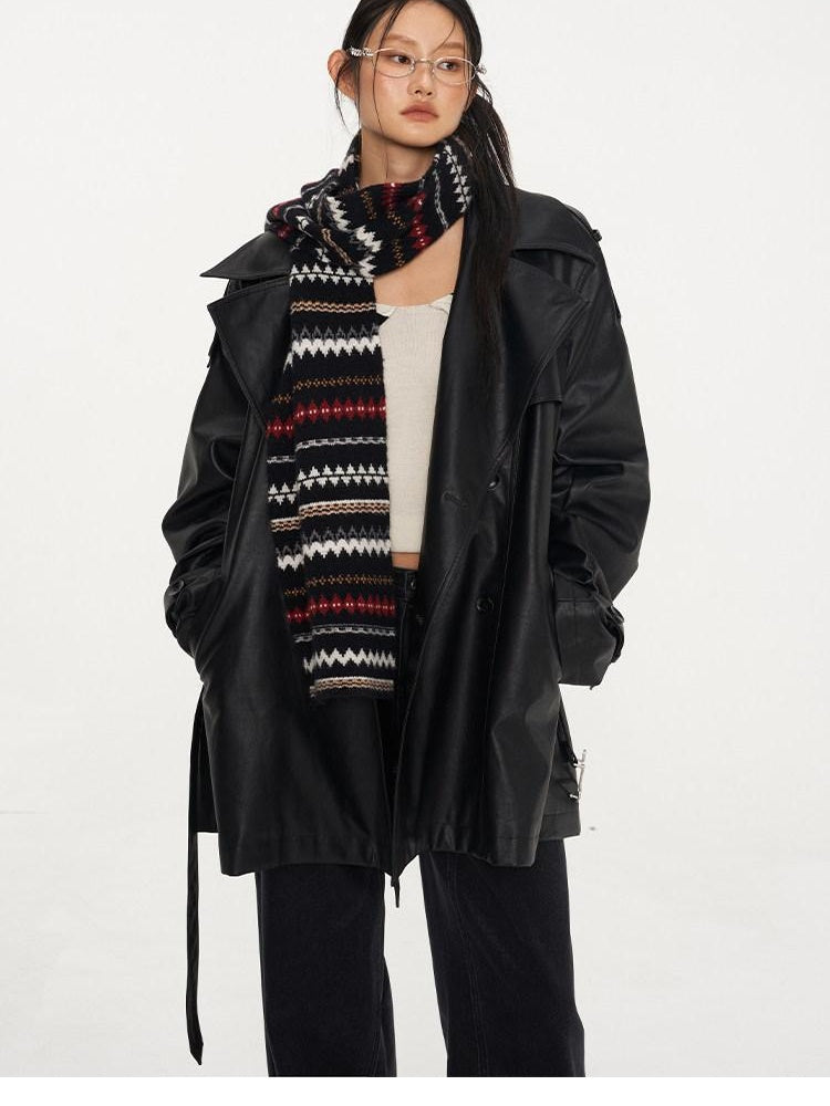 NAWSNOTAWEAR Pu Long Sleeve Double Breasted Mid Length Loose Commuting Trench Coats