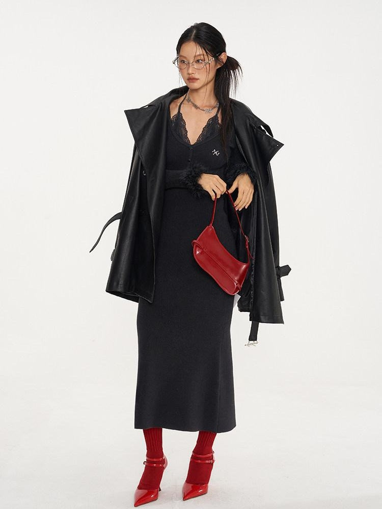 NAWSNOTAWEAR Pu Long Sleeve Double Breasted Mid Length Loose Commuting Trench Coats