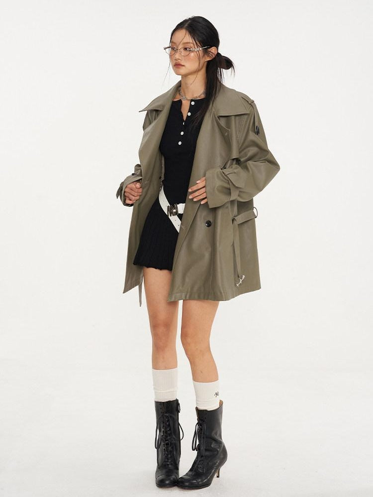 NAWSNOTAWEAR Pu Long Sleeve Double Breasted Mid Length Loose Commuting Trench Coats