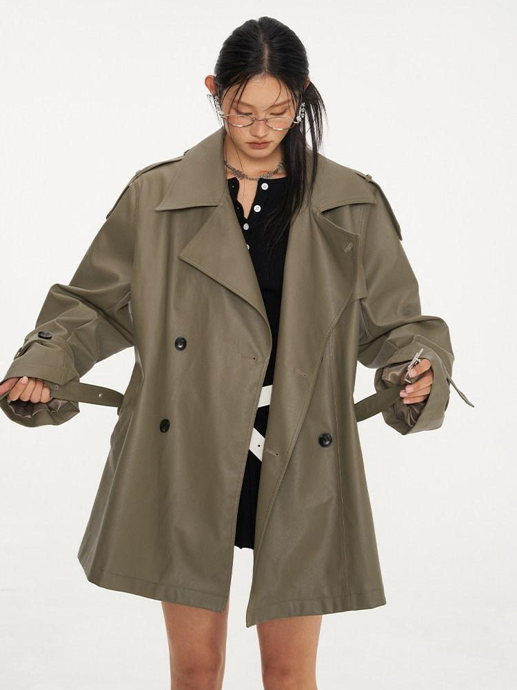 NAWSNOTAWEAR Pu Long Sleeve Double Breasted Mid Length Loose Commuting Trench Coats