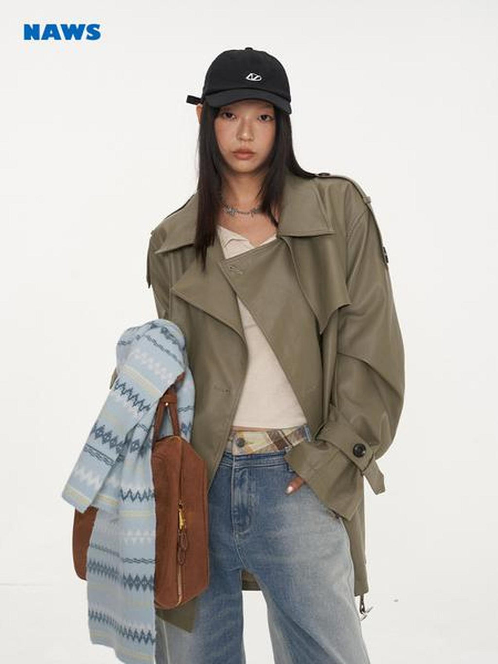 NAWSNOTAWEAR Pu Long Sleeve Double Breasted Mid Length Loose Commuting Trench Coats