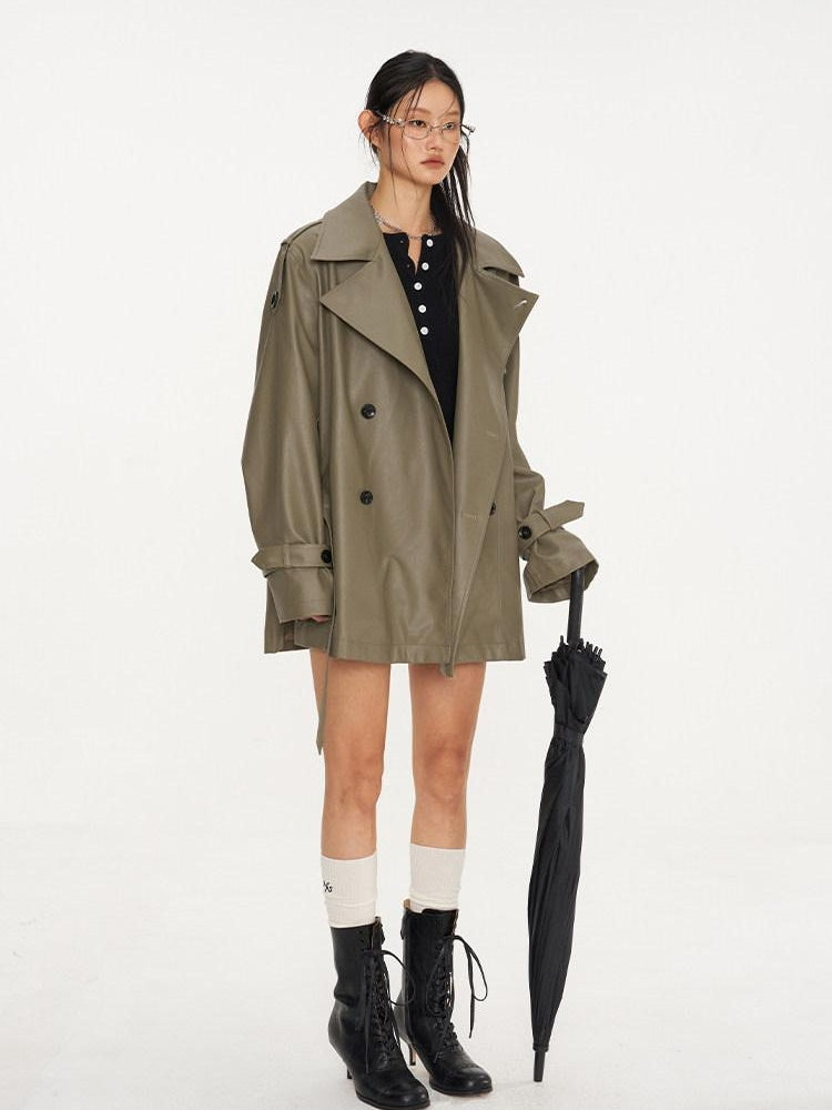 NAWSNOTAWEAR Pu Long Sleeve Double Breasted Mid Length Loose Commuting Trench Coats