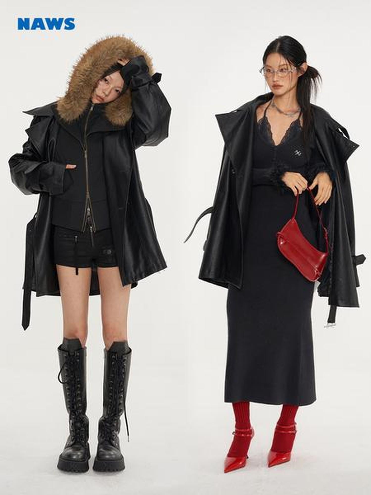 NAWSNOTAWEAR Pu Long Sleeve Double Breasted Mid Length Loose Commuting Trench Coats