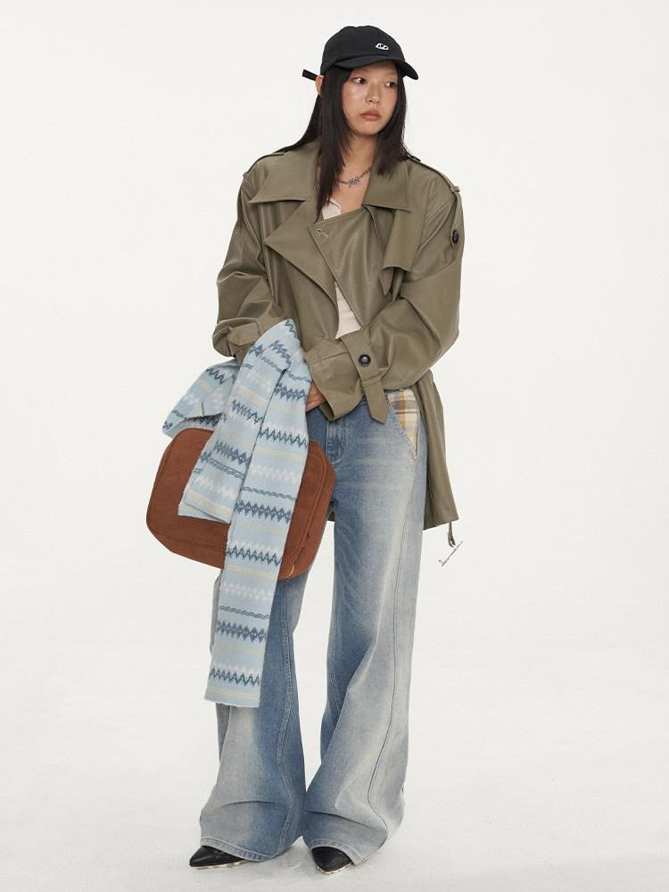 NAWSNOTAWEAR Pu Long Sleeve Double Breasted Mid Length Loose Commuting Trench Coats