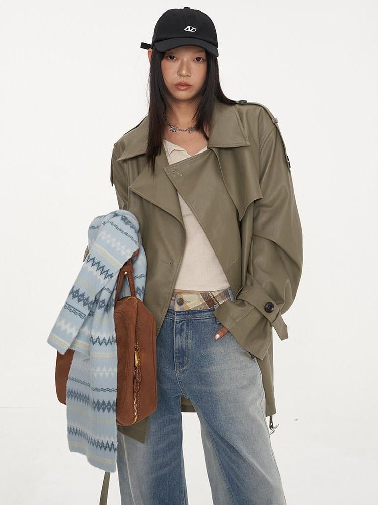 NAWSNOTAWEAR Pu Long Sleeve Double Breasted Mid Length Loose Commuting Trench Coats
