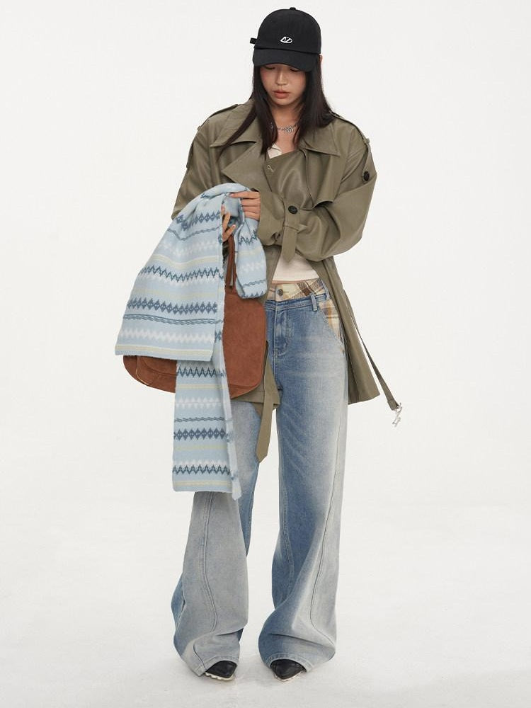 NAWSNOTAWEAR Pu Long Sleeve Double Breasted Mid Length Loose Commuting Trench Coats
