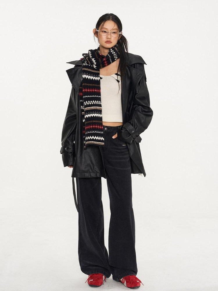 NAWSNOTAWEAR Pu Long Sleeve Double Breasted Mid Length Loose Commuting Trench Coats
