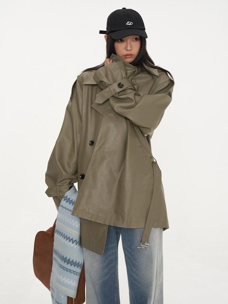 NAWSNOTAWEAR Pu Long Sleeve Double Breasted Mid Length Loose Commuting Trench Coats