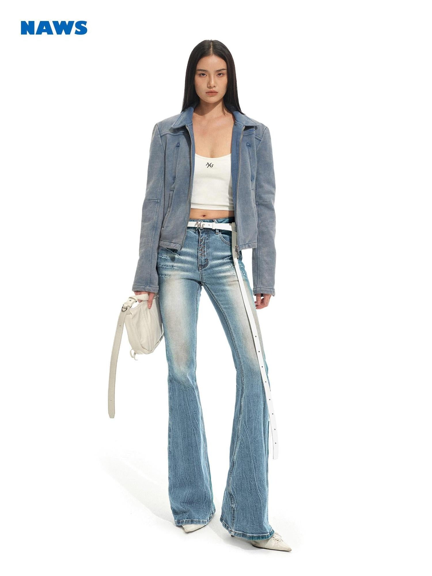 NAWSNOTAWEAR Pure Cotton Vintage Regular Fit Zip Front Women Mineral Blue Denim Jackets