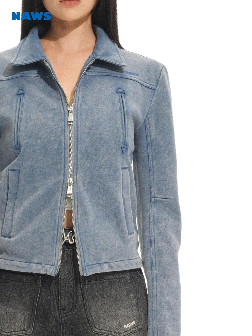 NAWSNOTAWEAR Pure Cotton Vintage Regular Fit Zip Front Women Mineral Blue Denim Jackets