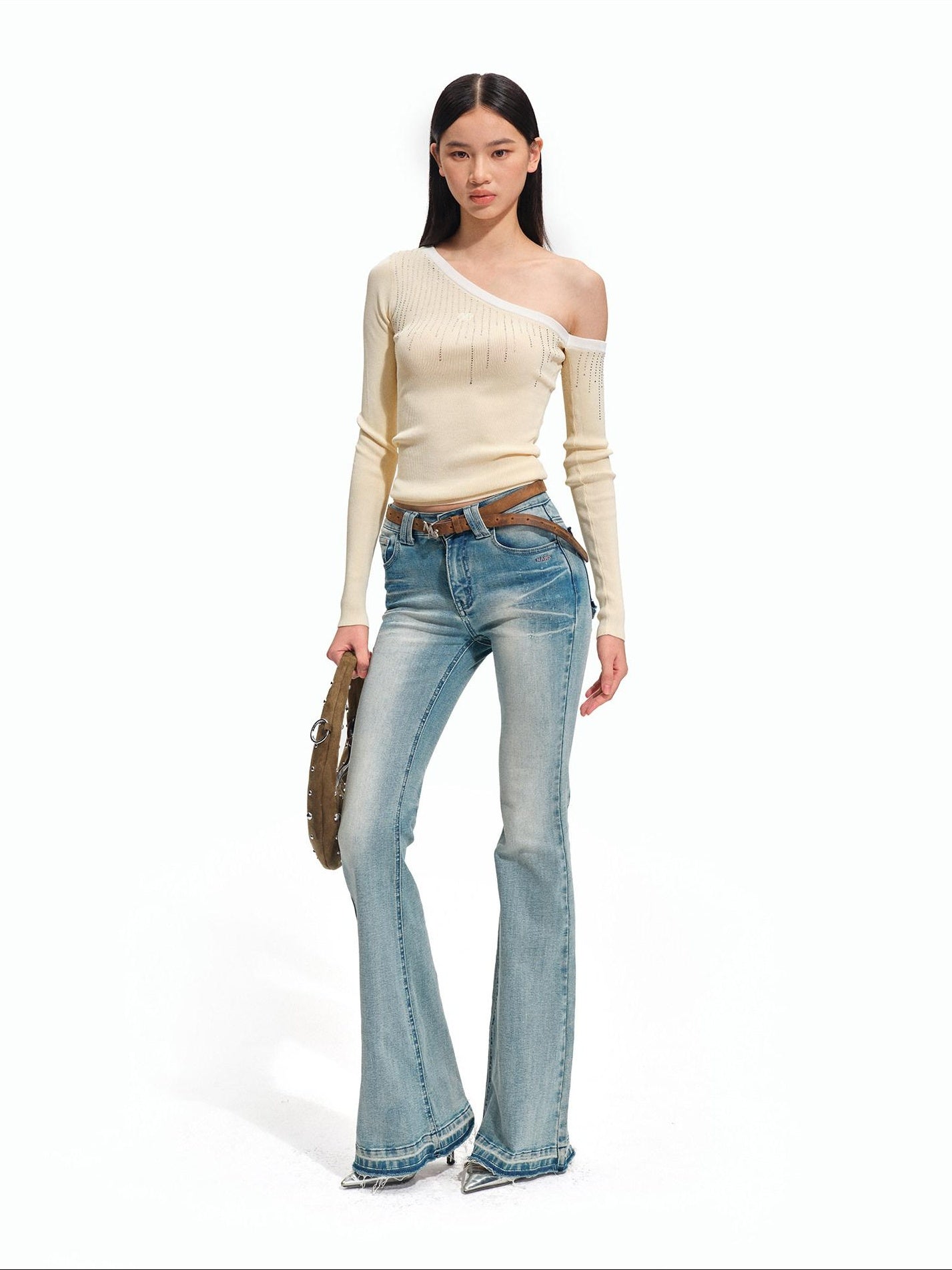 NAWSNOTAWEAR Rhinestone Minimal Slim Boatneck Women Knit Pullover Almond Yellow Sweaters