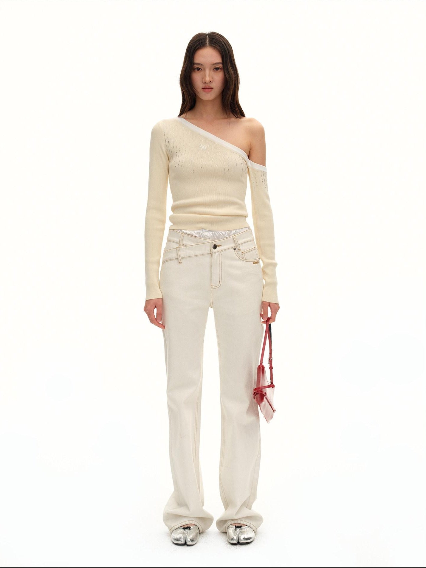 NAWSNOTAWEAR Rhinestone Minimal Slim Boatneck Women Knit Pullover Almond Yellow Sweaters