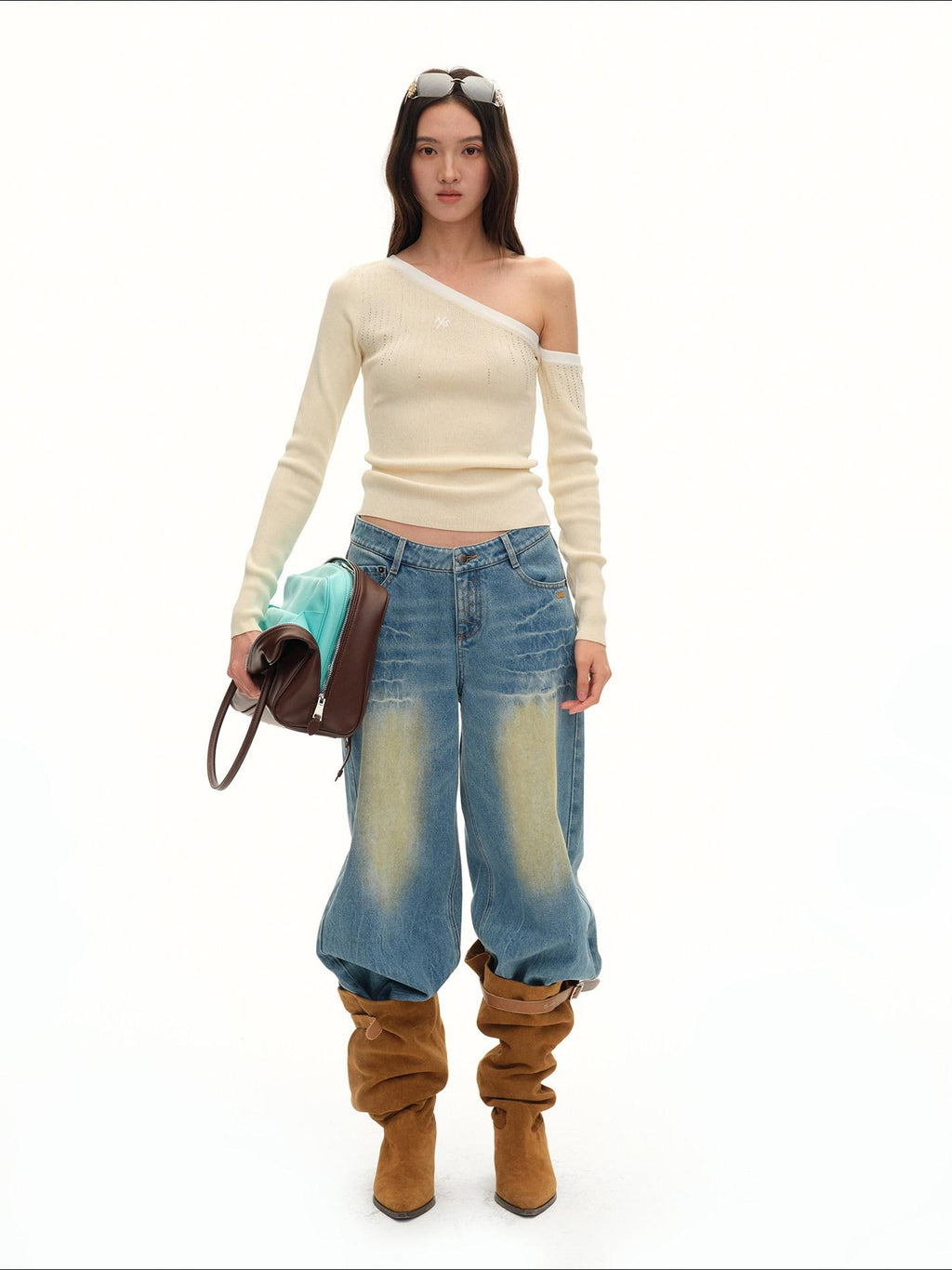 NAWSNOTAWEAR Rhinestone Minimal Slim Boatneck Women Knit Pullover Almond Yellow Sweaters